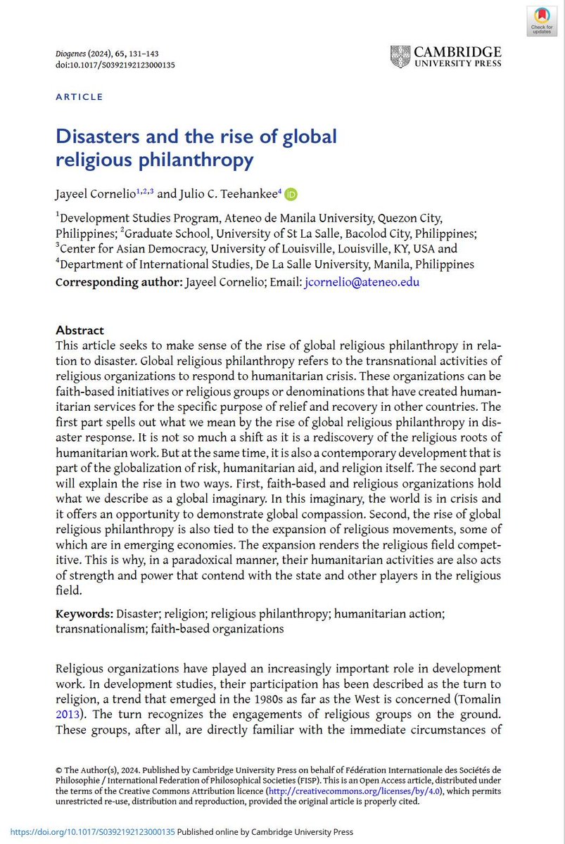 [ICYMI] Here's a scholarly piece on the global religious response to disasters. Co-authored with the really cool Professor Julio Teehankee (DLSU). Now out in the latest issue of 'Diogenes'. 😇 And it's open access! Here's the link: bit.ly/GlobalPhilanth…