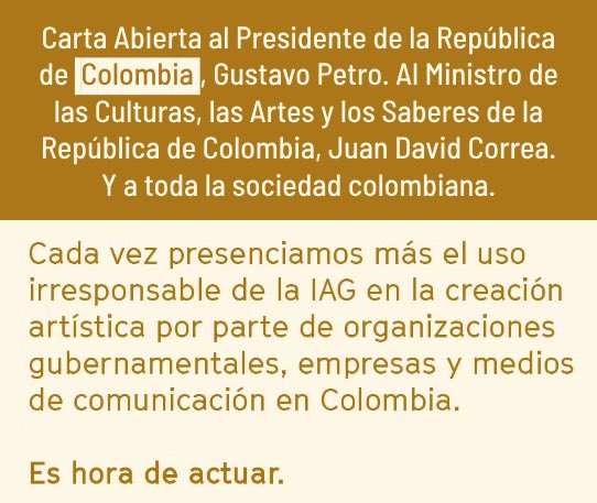 💬 Hablemos sobre el impacto de la Inteligencia Artificial Generativa en las artes gráficas y visuales. Organizaciones del sector dirigimos esta carta a <a href="/petrogustavo/">Gustavo Petro</a> <a href="/jdcorreau/">Juan David Correa</a> y la sociedad. 📝

✍️ Lee y, si estás de acuerdo, firma aquí para respaldarla: bit.ly/4blQTlb