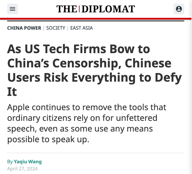 .@Apple's hypocrisy is startling: 

➡️shuts down free speech tools in China
➡️allows Tik Tok in America

Powerful U.S. companies should minimally match the fortitude of Chinese dissidents who stand for freedom & against communist oppression.

thediplomat.com/2024/04/as-us-…