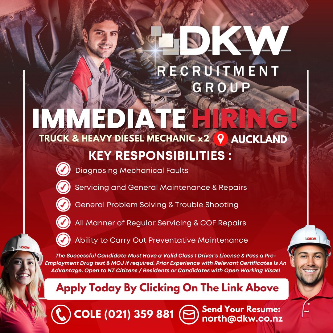 IMMEDIATE POSITION FOR TRUCK & HEAVY DIESEL MECHANIC IN AUCKLAND - Click The Link To Apply : 
adr.to/W5yuaai

Reach out to 📞 Cole (021) 359 881 or email  north@dkw.co.nz
#AucklandJobs #AucklandNZ #UrgentHiring #HiringNow #NewZealandJobs