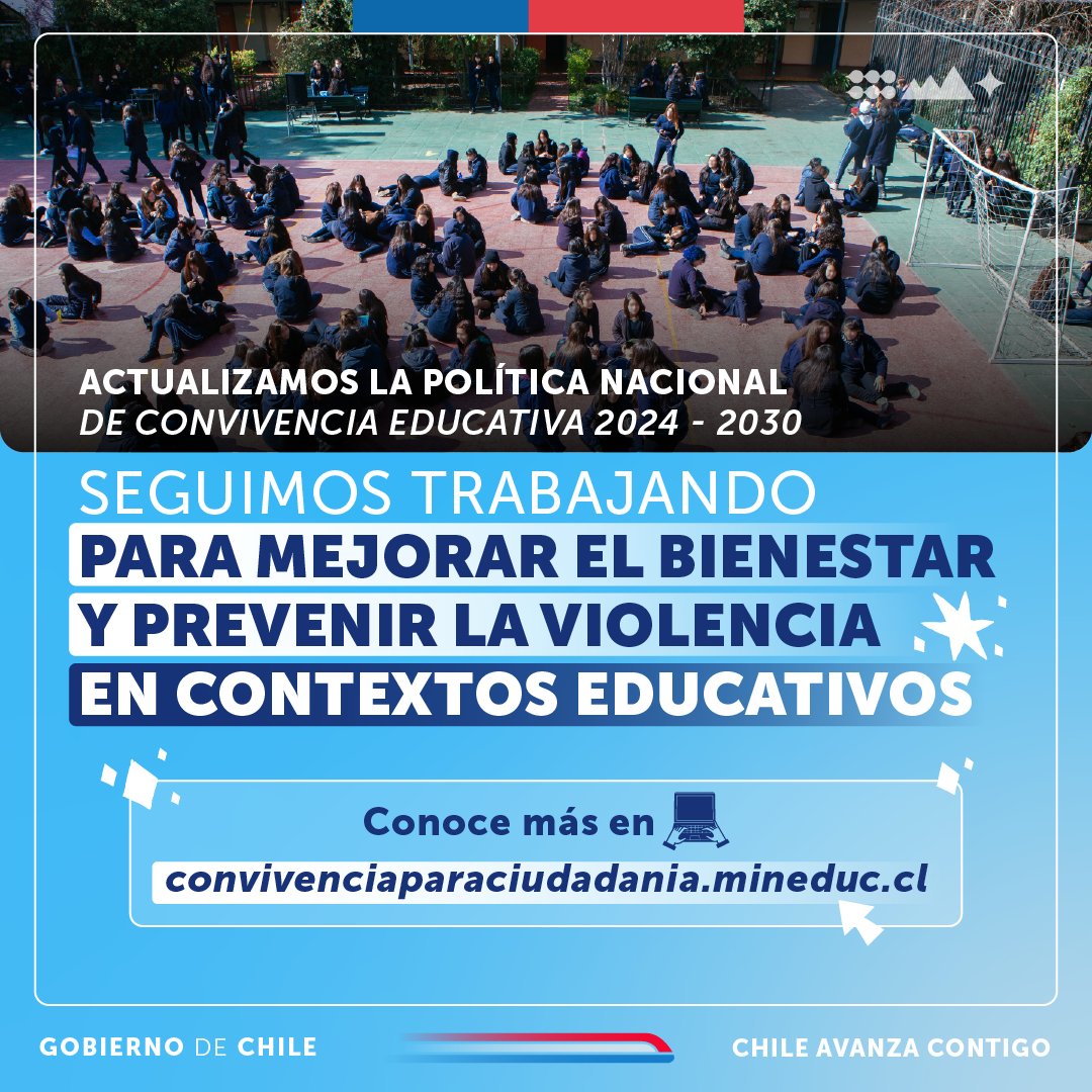 Actualizamos la Política Nacional de Convivencia Educativa 📲 s.gob.cl/convivenciaesc… 👉 El documento entrega orientaciones, estrategias y medidas para que las comunidades pedagógicas trabajen en mejorar la convivencia.