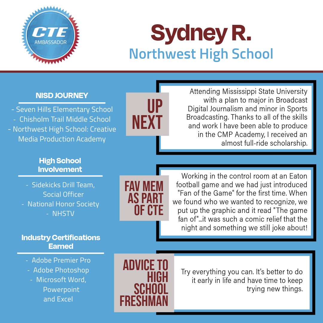 🎓Congrats to Class of '24 NISD CTE Ambassador SYDNEY R. | Creative Media Prod. Academy @NHSTexans🌟Sydney would like to thank all of the CMP Academy teachers because 'they work together as a team, and the knowledge they bring to students is so valuable.' Read more about Sydney⬇️