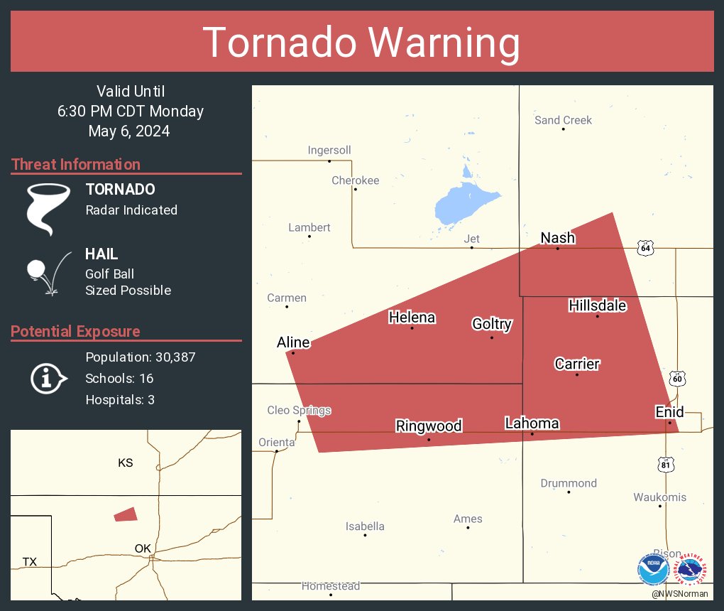 Tornado Warning continues for Enid OK, Helena OK and Lahoma OK until 6:30 PM CDT