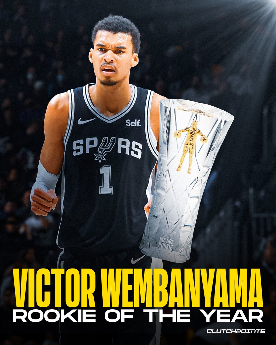 ClutchPoints's tweet photo. Victor Wembanyama wins the 2023-24 Rookie of the Year 🏆

Wemby in 71 games with the Spurs:

🔸1,522 points (21.4 PPG)
🔸755 rebounds (10.6 RPG)
🔸274 assists (3.9 APG)
🔸254 blocks (3.6 BPG)
🔸88 steals (1.2 SPG)
🔸128 3PM
🔸5x5 game
🔸43 double-doubles
🔸2 triple-doubles https://t.co/y3HXaAafno