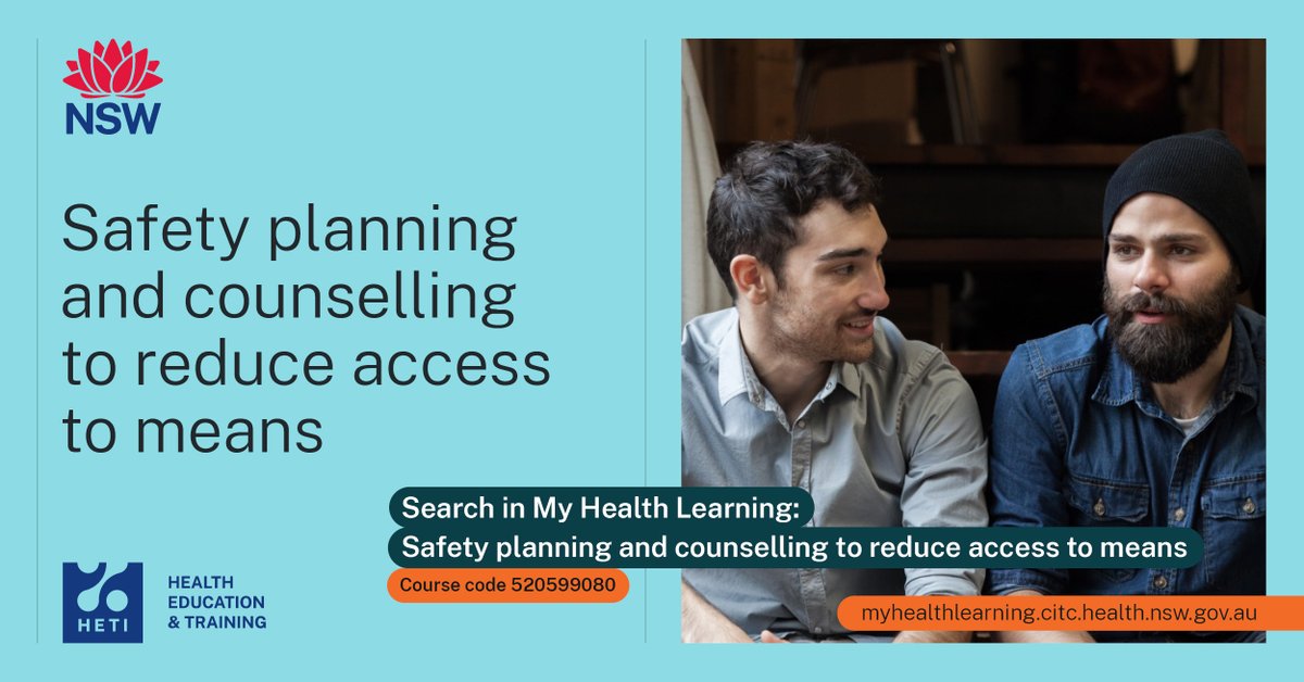 Find Safety planning and counselling to reduce access to means training on My Health Learning (course code: 520599080) and improve your ability to identify key principles of creating a safer environment with counselling to reduce access to means. …healthlearning.citc.health.nsw.gov.au