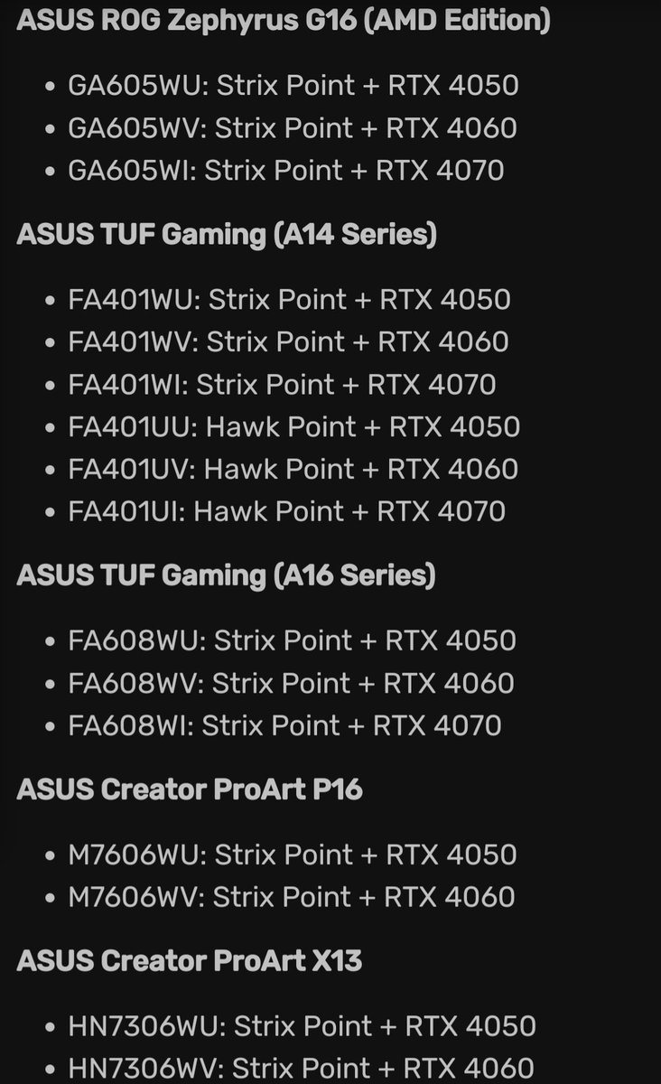This supposed leak of ASUS gaming laptops shows two things: - There's a lot of confidence in Strix Point. 😀 - Unless something drastic changes, AMD is effectively MIA in the laptop GPU market 😞 Via @VideoCardz