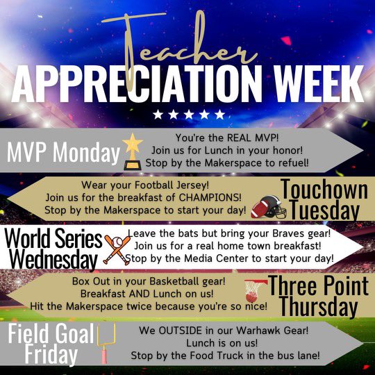 This week we’re celebrating the starting lineup for #OurWinningSeason…our AMAZING teachers!!! Happy Teacher Appreciation Week to all of the MVTs who are making unforgettable experiences for our students each day!#ARISE #WarhawkPride