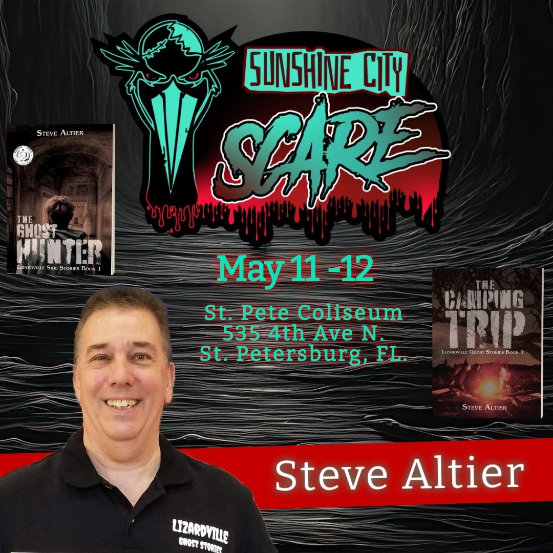 After a two week break. It's time to hit the road again.
This weekend, you'll catch me at Sunshine City Scare. This is one show you don't want to miss.  

#Stevealtier #Lizardvilleghoststories #4horsemenpublications #writerlife #booklovers #lovetoread #books #readindie #bookclub