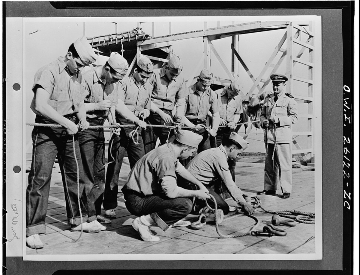 San Mateo, California. Tying knots is part of training at United States Merchant Marine Cadet Basic school digital file. Library of Congress. #merchantmarine