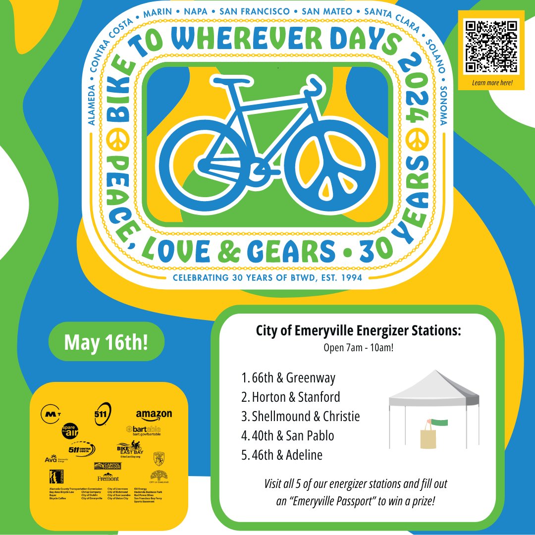 Bike to Wherever Day 2024 will be Thursday, May 16th! Come on out between 7 AM – 10 AM to any of our five energizer stations across Emeryville for free goodies. Visit all five stations to complete your “Emeryville Bicycle Stamp Passport” and win a prize!