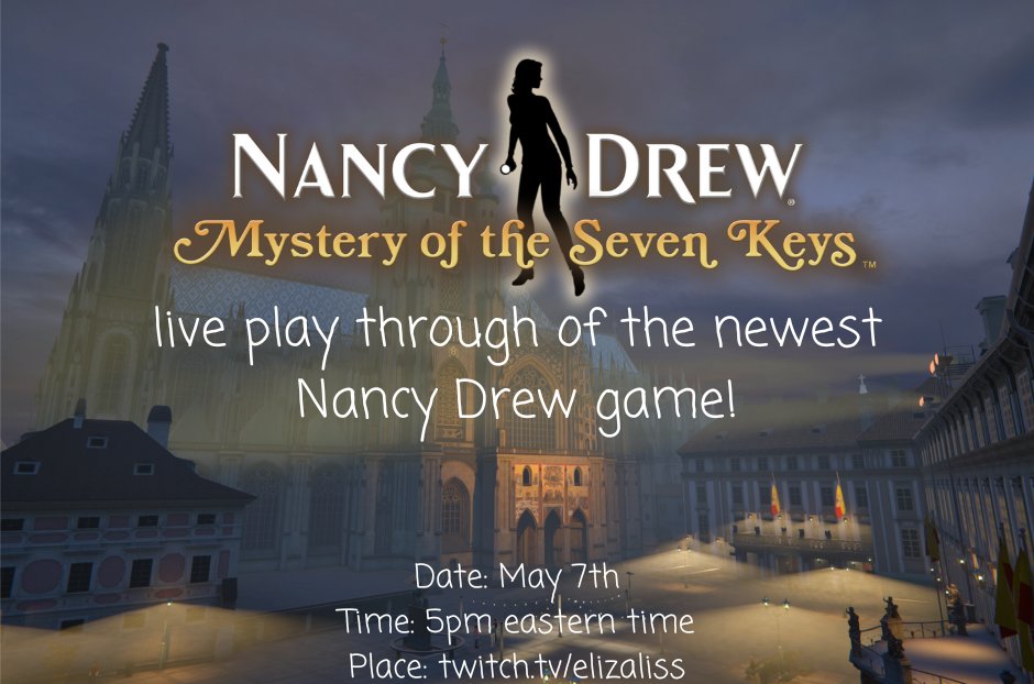 I'm so excited to announce that I got chosen to be part of the launch day team for #NancyDrew #MysteryoftheSevenKeys!!  y'all can catch me and my co-host live tomorrow over on my twitch channel at twitch.tv/elizaliss

look forward to seeing y'all there!! <3