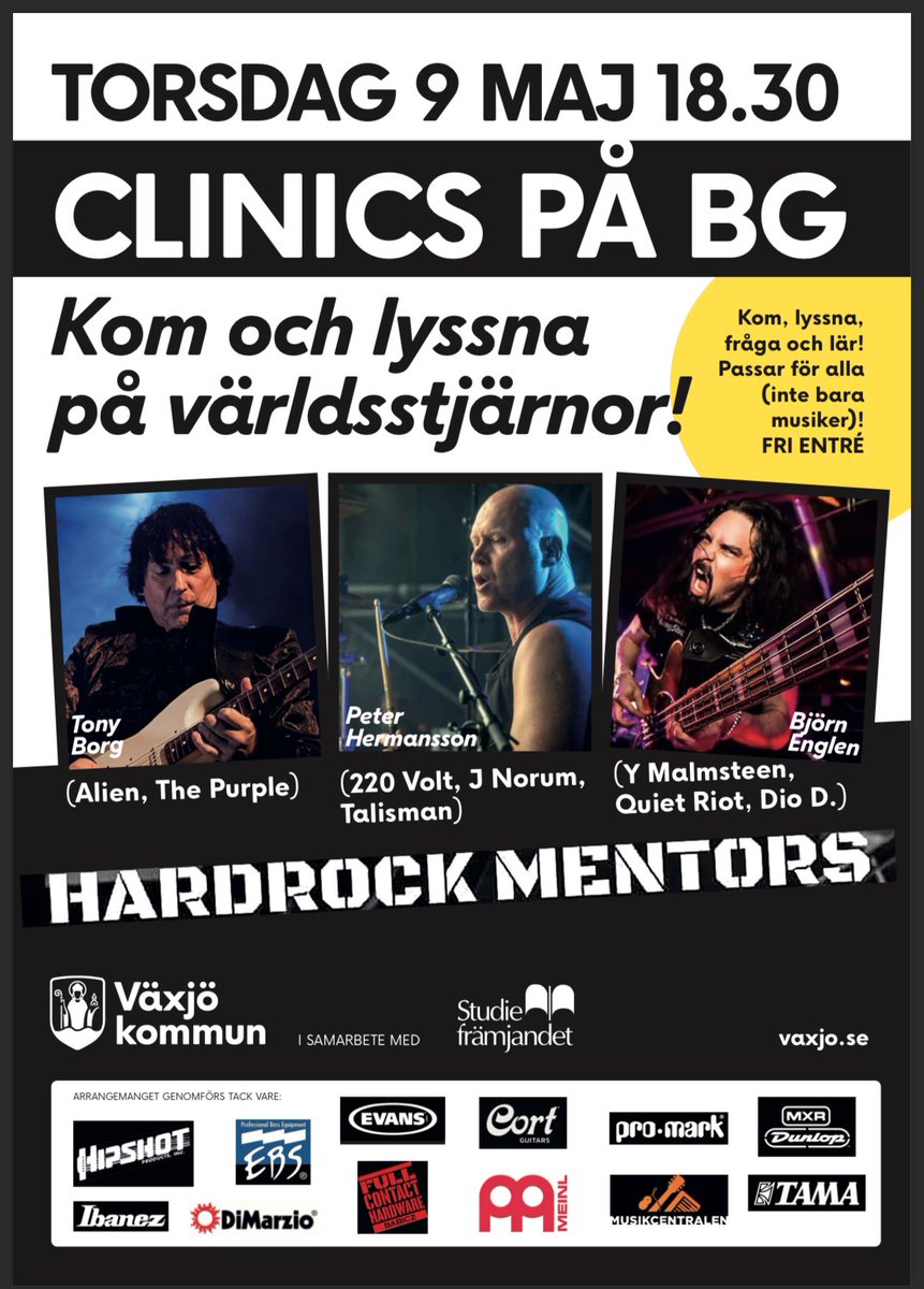This Thursday at 18:30! Clinics at BG in Växjö, Sweden with my good friends Peter Hermansson & Tony Borg. For EVERYONE (not just musicians). Come, hang & win lots of prizes & give aways including a set of DiMarzio bass pickups! 'FRI ENTRÉ'!