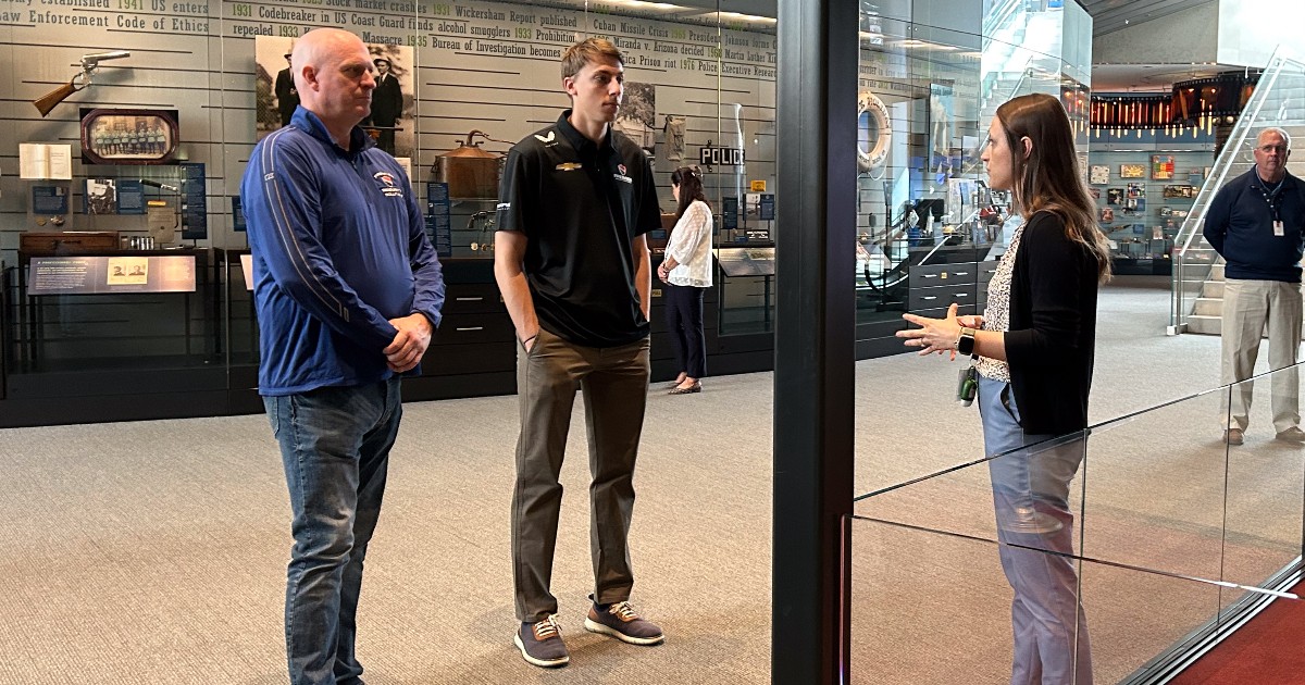 We were thrilled to have Carson Hocevar visit the Museum for a special tour ahead of his special race at Darlington on May 12 in honor of the NLEOMF! It's not too late to get tickets to the race and help support our mission by clicking here: bit.ly/4bq1RX8 #Darlington