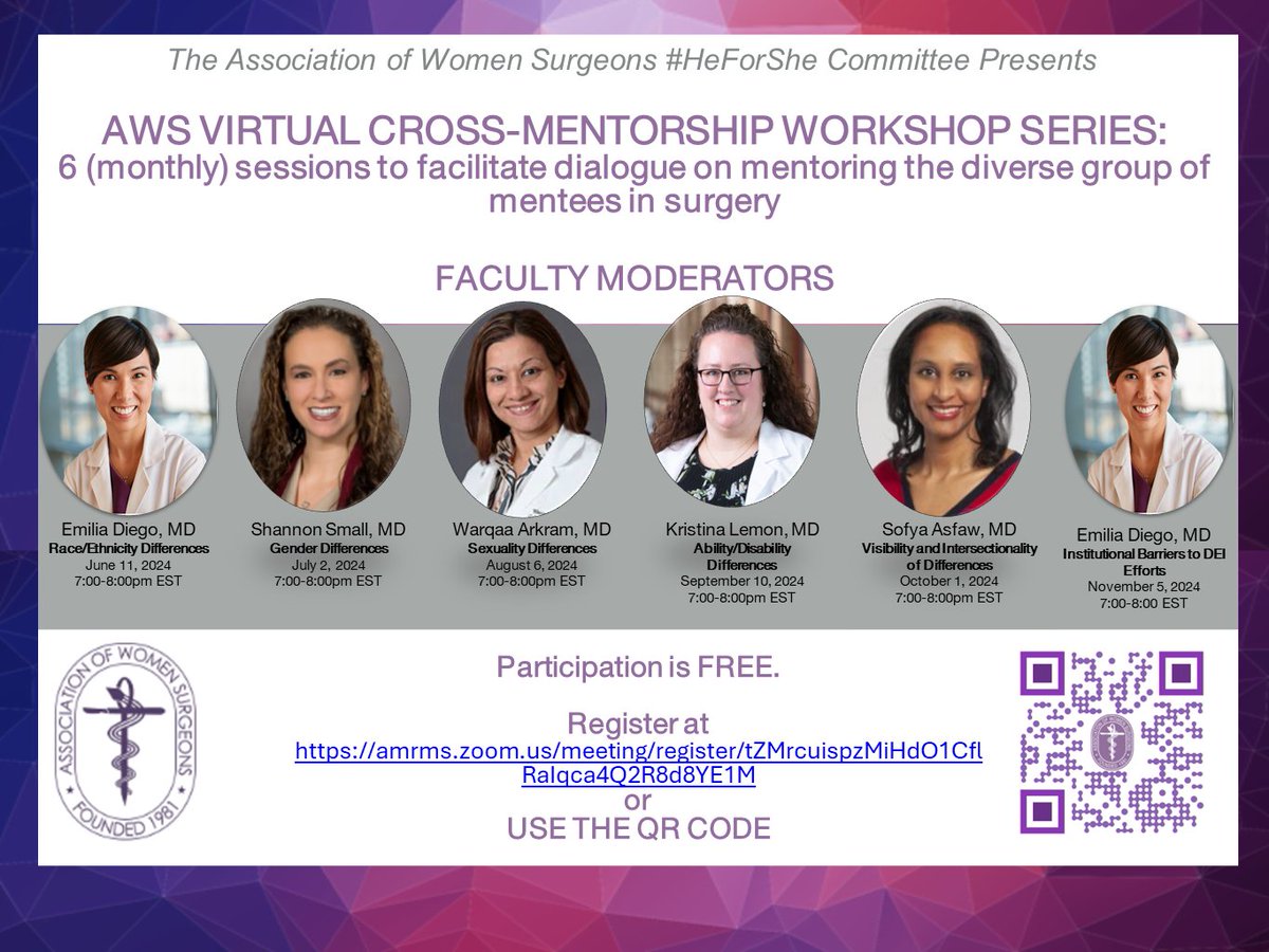 🖥 AWS Virtual Workshop Series 🖥 Join the AWS #HeForShe Committee for a virtual Cross-Mentorship Workshop Series! This six-part series will facilitate dialogue on mentoring the diverse group of mentees in surgery. REGISTER: bit.ly/2024CrossMentor
