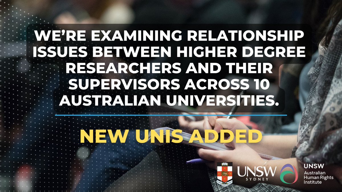 You can be a part of improving HDR supervisory experiences. @HumanRightsUNSW and @UNSW_GVRN are looking for HDRs and supervisors at @UNSW, @ANU, @Sydney_Uni, @UniMelb, @RMIT and @UniofAdelaide to participate in new research. Find out more: bit.ly/HDRProject