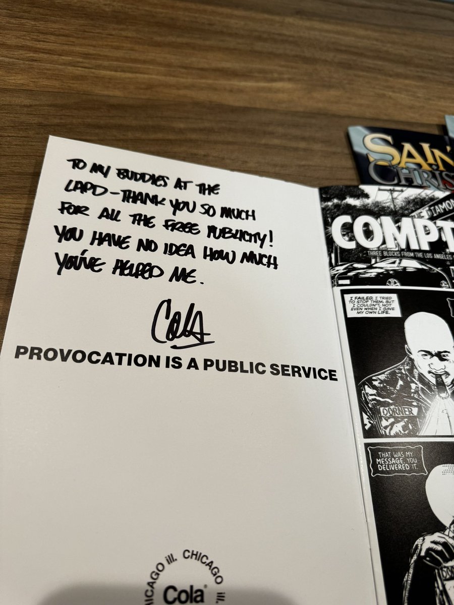 To show the LAPD I’m willing to bury the hatchet, I’m sending a few signed copies of issue 1 to their HQ. I hope they enjoy!

100% of sales for issue 1 go to LA jail support. Receipts provided here weekly. 👇

thecolacorporation.com/products/saint…