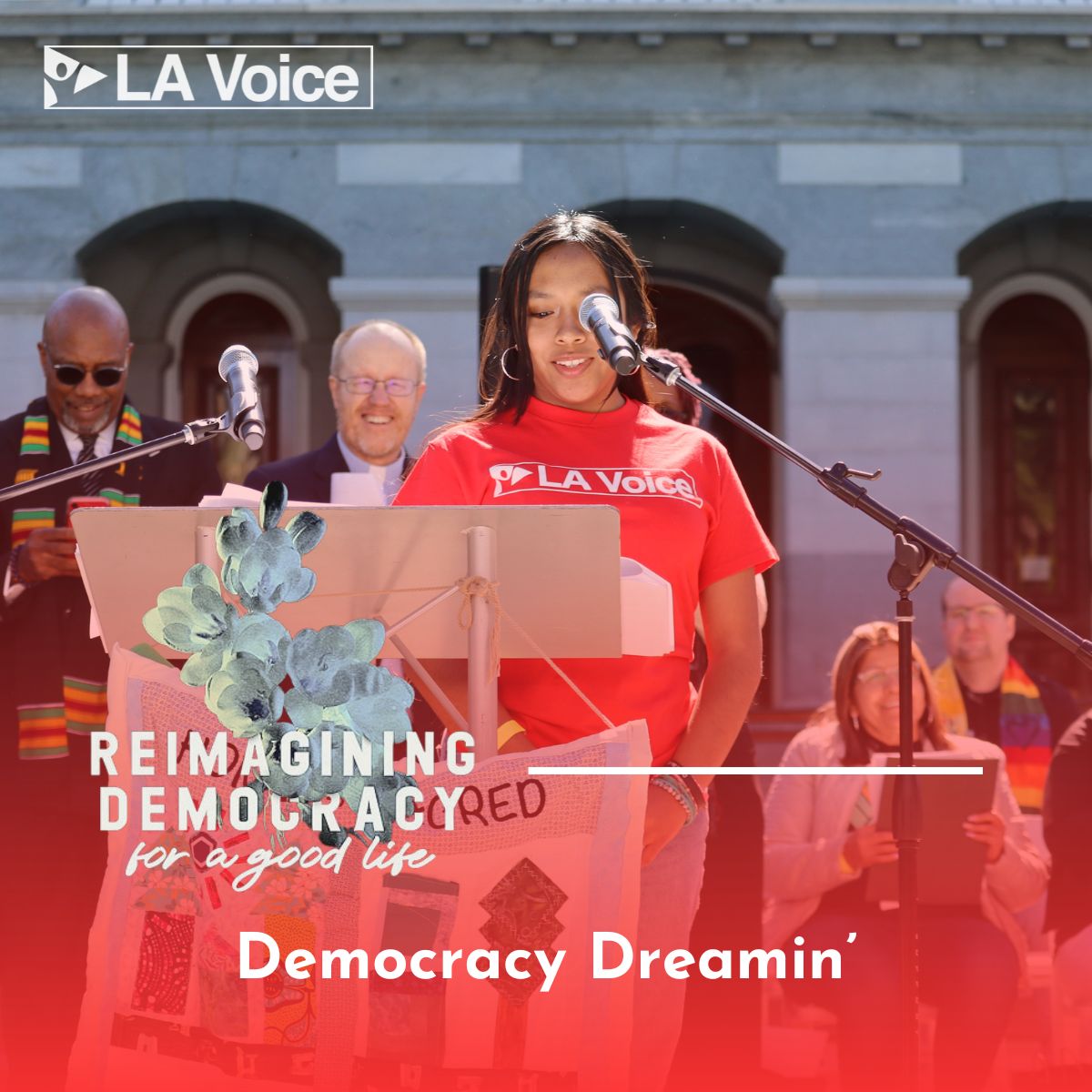@DoloresMission and LA Voice Leader, Tiffany Benitez, was featured on the first episode of @PolicyLink's new #podcast, Reimagining Democracy for a Good Life! Tiffany shares abt her own experience of displacement & how that led her to connect w/ the #housingjustice movement at