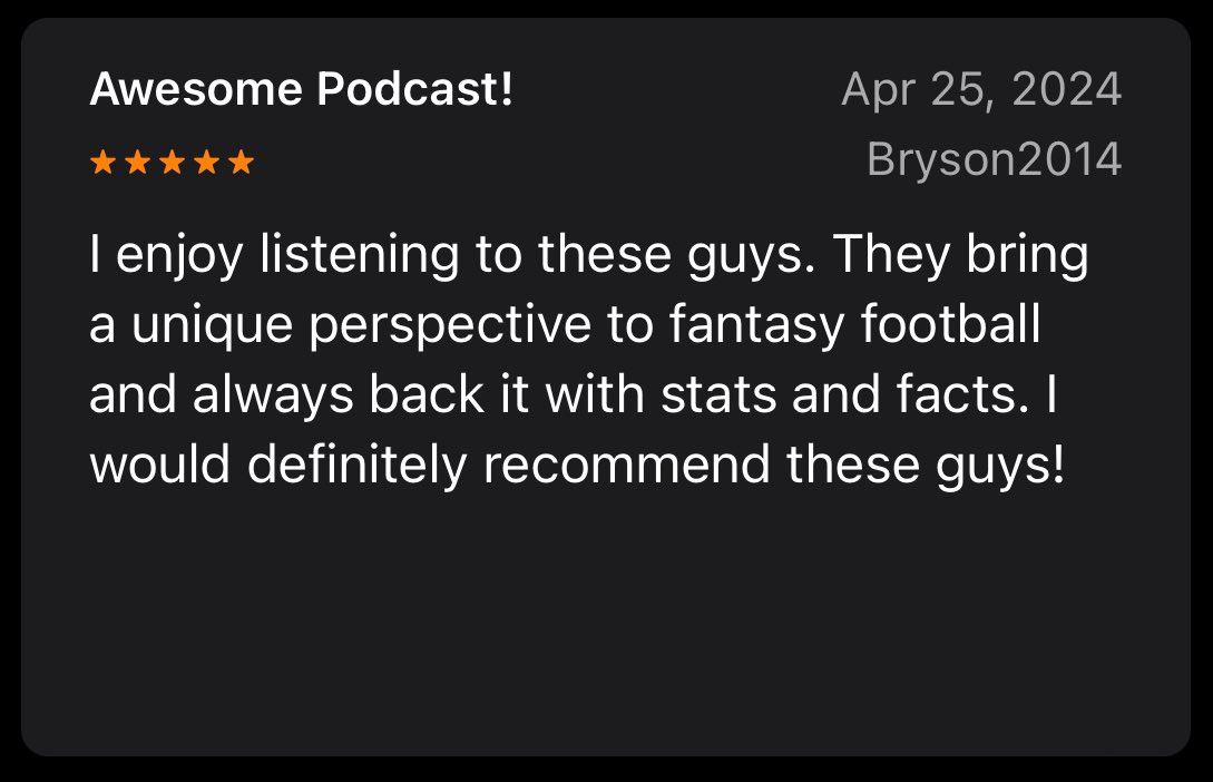 Thanks to all the new listeners for the recent reviews! 🤘 Join @ThePretendGM and me on The @Footballguys Fantasy Football Show audio feed! Come for the football analysis. Stay for the bad jokes and argumentative banter. 🔗: podcasts.apple.com/us/podcast/foo…