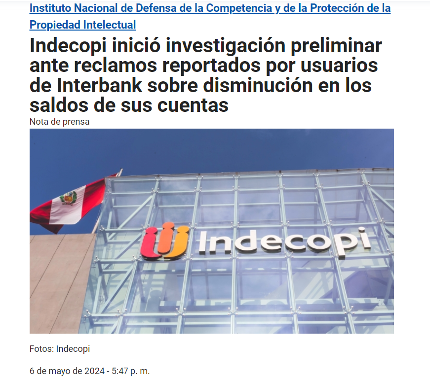 paolobenza's tweet photo. #Urgente Indecopi ha iniciado de oficio una investigación preliminar a Interbank, luego de que el fin de semana se reportaran varios reclamos de usuarios que decían que se había reducido el saldo en sus cuentas.

Estará a cargo de la Comisión de Protección al Consumidor #3 (1/2) https://t.co/z6TIsjofAK