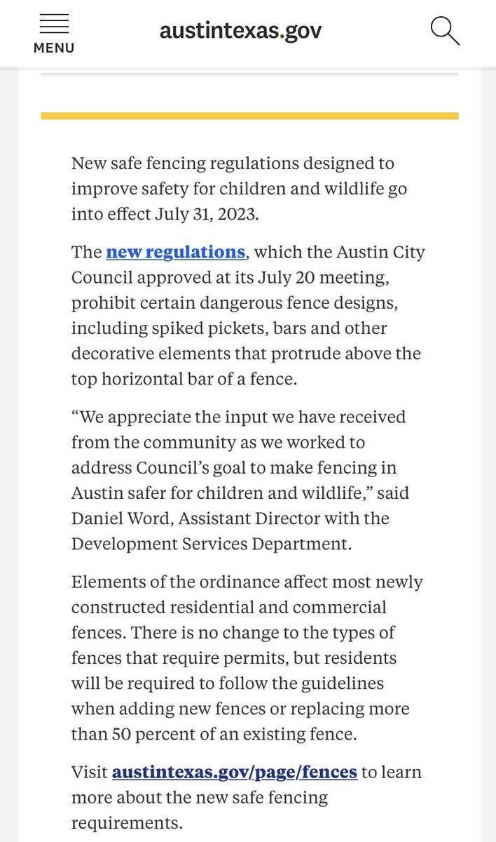 RE: Safe fences In June of 2023 the City of Austin passed a new “safe fence” regulation to keep children safe. Then, a few months ago, AISD installed a 5 ft tall metal spiked fence meant to impale intruders around the St. Elmo and Jolson elementary school. SMH