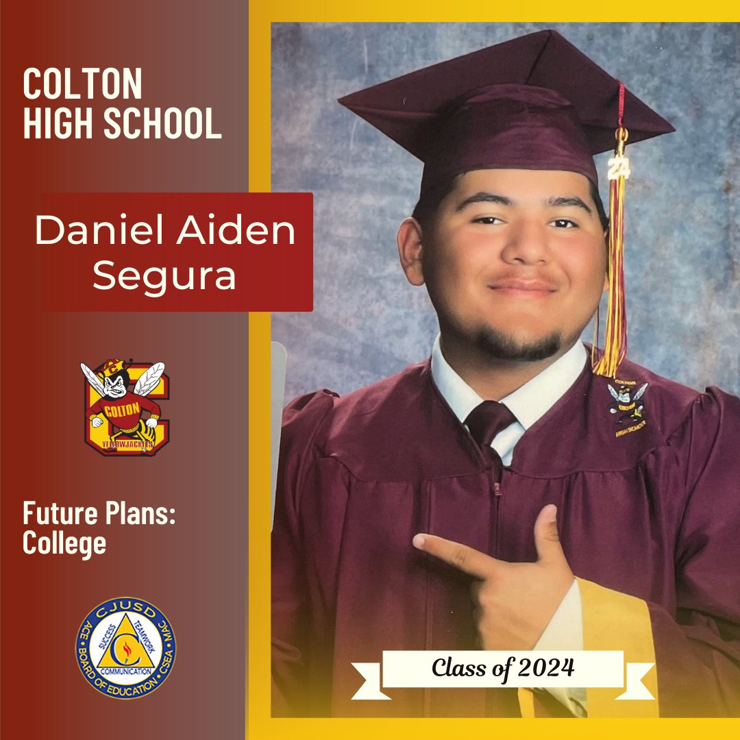 Congrats to Colton High School 🎓senior Daniel Aiden Segura, who plans to attend college! We wish you all the best! #CJUSDCares #CHS #Colton 🐝🎉 Seniors, to be featured in our social media #CJUSD Class of 2024 Spotlight, fill out the form at bit.ly/CJUSDsenior2024