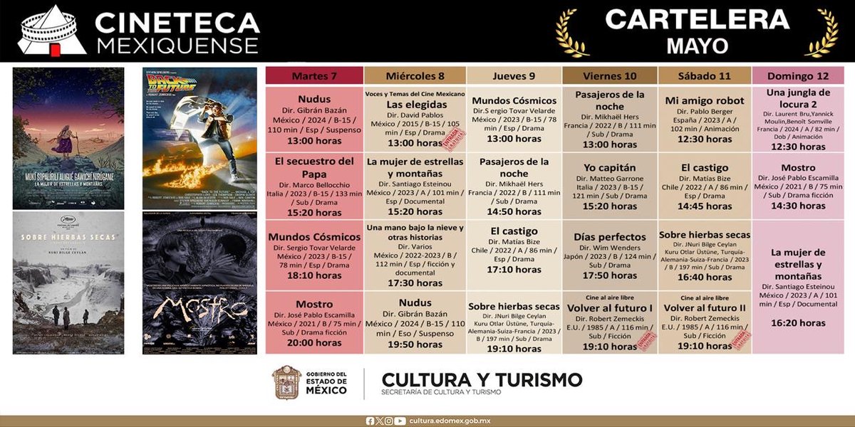 🎬 Te compartimos la cartelera de las películas que se proyectarán esta semana en la @CinetecaEdomex. Ven con toda tu familia a disfrutar de estos grandes filmes. ¡No se lo pierdan! 🎥 📍 Centro Cultural Mexiquense, #Toluca.