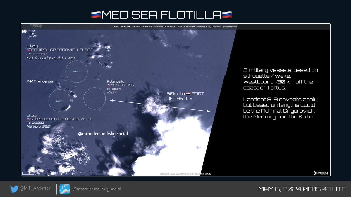 🇷🇺MED SEA FLOTILLA🇷🇺
3 military vessels, based on silhouette / wake, westbound ~30 km off the coast of Tartus.

Landsat 8-9 caveats apply but based on lengths could be the Admiral Grigorovich, the Merkury and the Kildin.

It will be interesting to see what's left in Tartus🧐