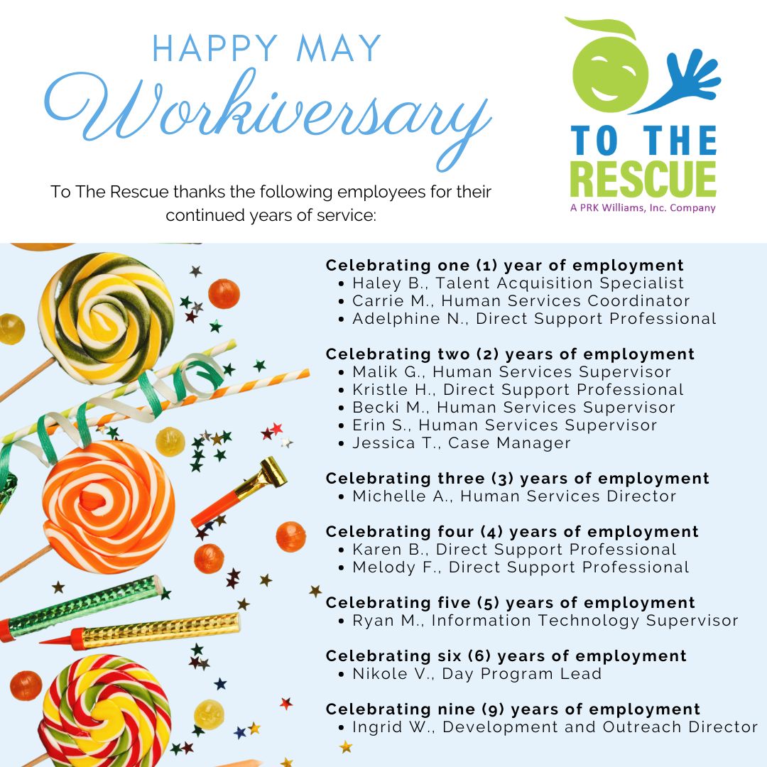 We celebrate our May workiversaries here at To The Rescue! Thank you to our dedicated staff for helping make a positive impact in the lives of our members each and every day. We value you; congratulations!  #totherescue