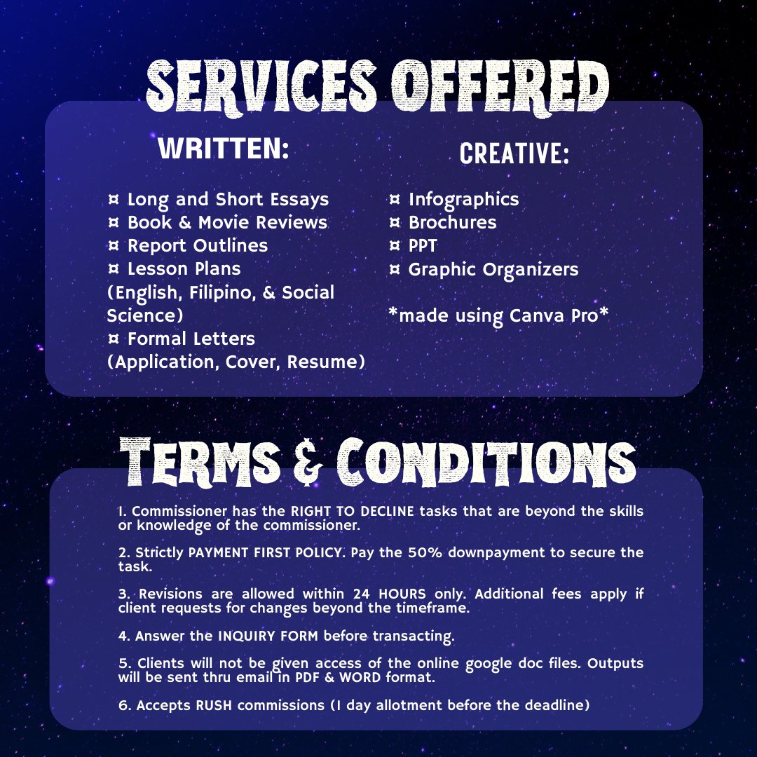 acadscribbles's tweet image. 🌟 In need of assistance for all your pending academic tasks? POL is now open for commissions. Send me a DM 📩

˗ˏˋ UPDATED COMMSHEET ´ˎ˗
↳ accepting commissions from 9 AM to 9 PM
↳ check thread for details

♡ RTs are highly appreciated!