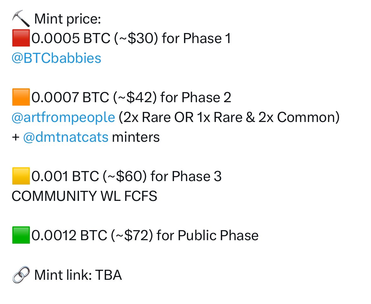 Update: 🟧 New mint info for @kingpunkape’s #DMT #NAT <REDACTED> project 👇 📆 Next Monday/Tuesday, May 13/May 14 (depending on your location and how long it takes for blocks to confirm) 🟥 WL Phase 1: Block 843,429 • @BTCbabbies holders ⛏️ Mint price: 0.0005 (~$32) 🟧 WL…