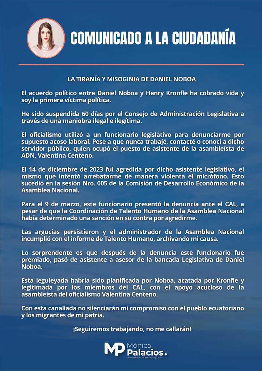 🔴COMUNICADO A LA CIUDADANÍA🔴 La sanción establecida hoy por el Consejo de Administración Legislativa es una maniobra ilegal e ilegítima orquestada por el presidente Daniel Noboa y acatada por Henry Kronfle, para atacarme políticamente. Con esta canallada no silenciarán mi…