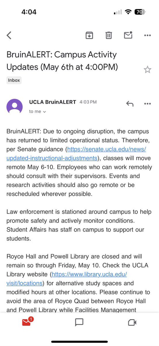 UCLA UPDATE 🚨: All in-person classes have been cancelled effective immediately from May 6th - 10th, and moving remote due to campus “ongoing disruptions”.