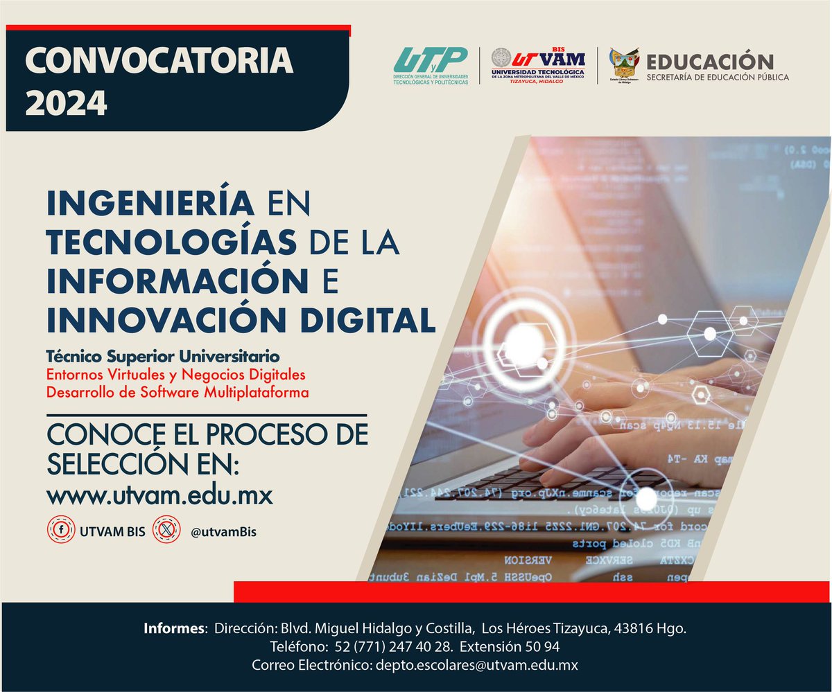 ¿Alcanza tus objetivos profesionales? CONVOCATORIA ABIERTA 2024 Estudia Ingeniería en Tecnologías de la Información e Innovación Digirtal. 📷Consulta los requisitos y realiza tu registro en: utvam.edu.mx #EducaciónBilingüe #Ingreso2024 #venaLaUTVAMbis