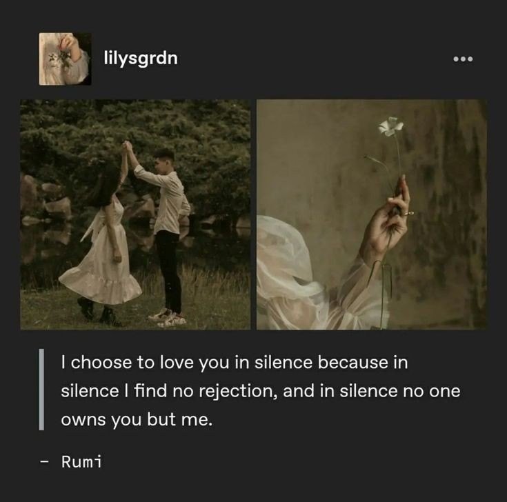 “I choose to love you in silence…
For in silence I find no rejection,

I choose to love you in loneliness…
For in loneliness no one owns you but me,

I choose to adore you from a distance,
For distance will shield me from pain.”

— Rumi