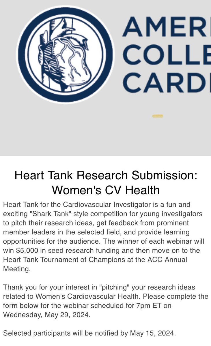 $5K will go to the winner of the ACC Women’s CV Health Webinar! This is a chance to 'pitch' your research related to Women’s CV Health. ACC FITs, this is for you! DUE in TWO Days — 5/8. Please repost! apply here: accmembership.wufoo.com/forms/mkuhl5h0…