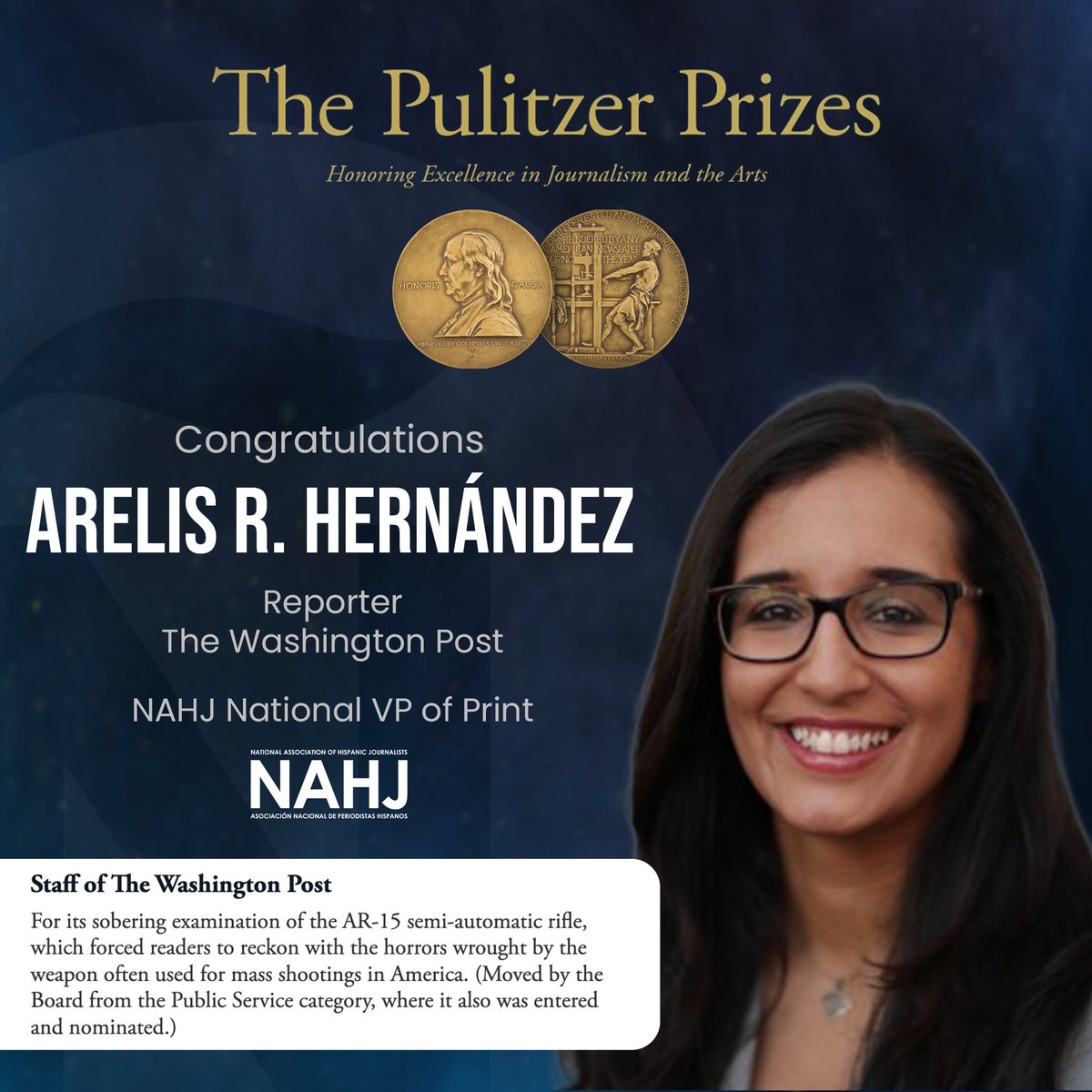 Huge congratulations to @NAHJ National VP of Print @arelisrhdz on being named a 2024 Pulitzer Prize winner! We are so proud of her achievement, along with her team at the @washingtonpost 👏 @PulitzerPrizes #MoreLatinosInNews