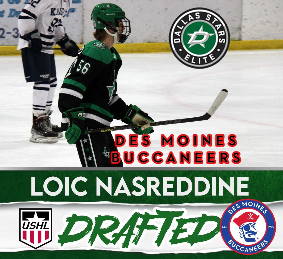 Congratulations to 15Os Loic Nasreddine on being drafted in the Phase I USHL Draft by the Des Moines Bucanneers! 💚🖤

#gostarselite #elitedna #GreenHelmets