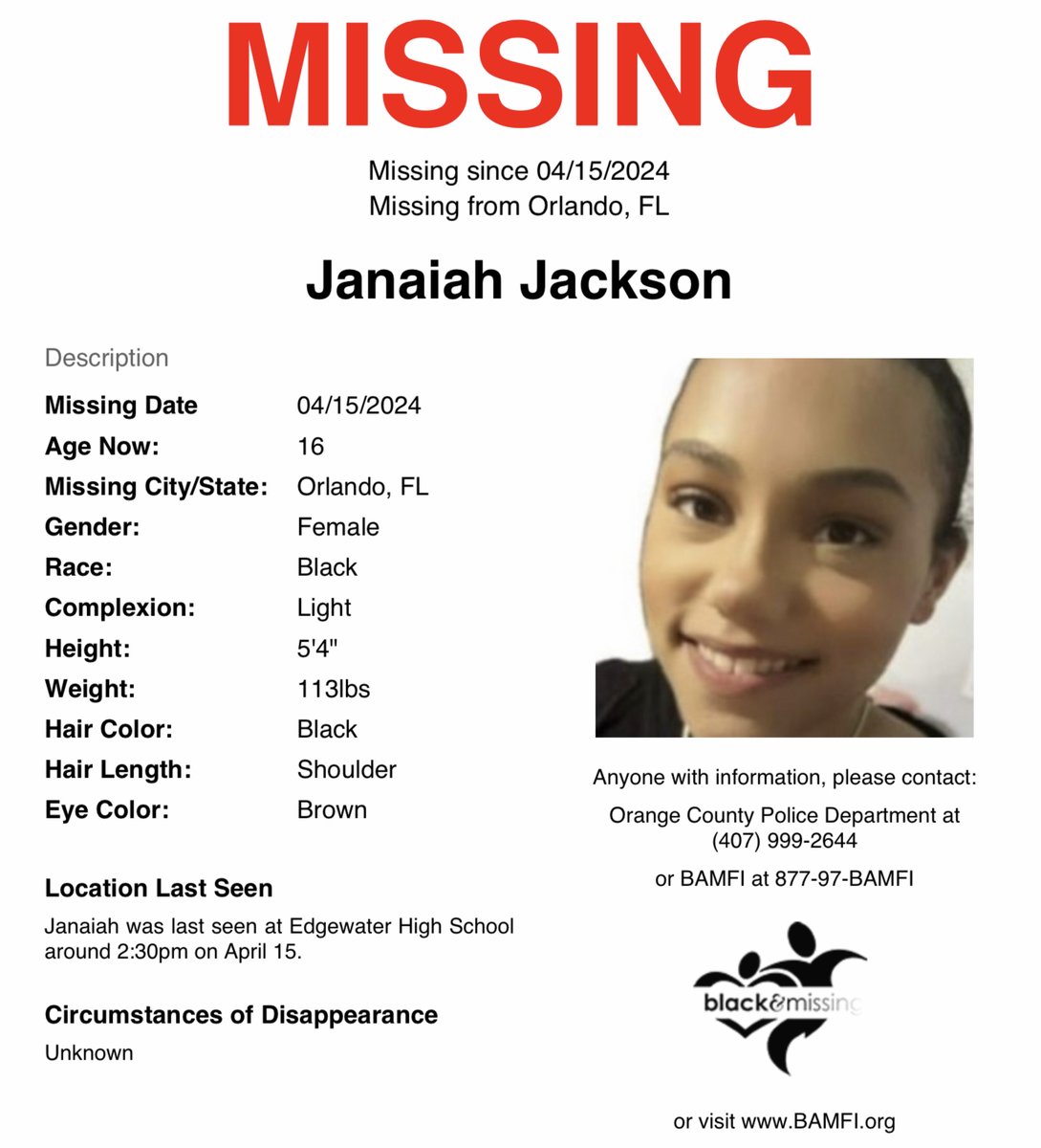 #Orlando, #Florida: 16y/o Janaiah Jackson is STILL #missing. She was last seen at Edgewater High School around 2:30pm on April 15. Have you seen Janaiah? #JanaiahJackson
