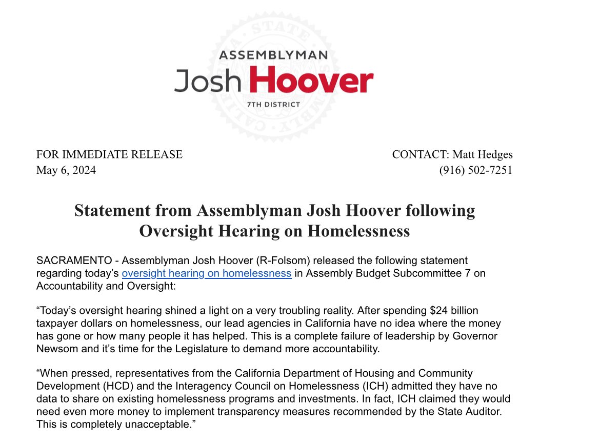 Today’s oversight hearing confirmed our audit’s most troubling findings. There is no accountability on homelessness. Improving transparency won’t happen unless we require it. The Legislature must approve #AB2903 and implement the Auditor’s recommendations ASAP. My full statement:
