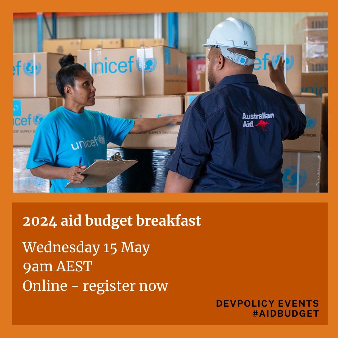 1️⃣ week to go! Join us online for our 2024 aid budget breakfast as the Devpol aid team presents their analysis of the 2024-25 budget and trends in Australian and global aid. 📅 Wed 15 May 🕰️ 9am AEST ✍️ events.devpolicy.org/20240515-media