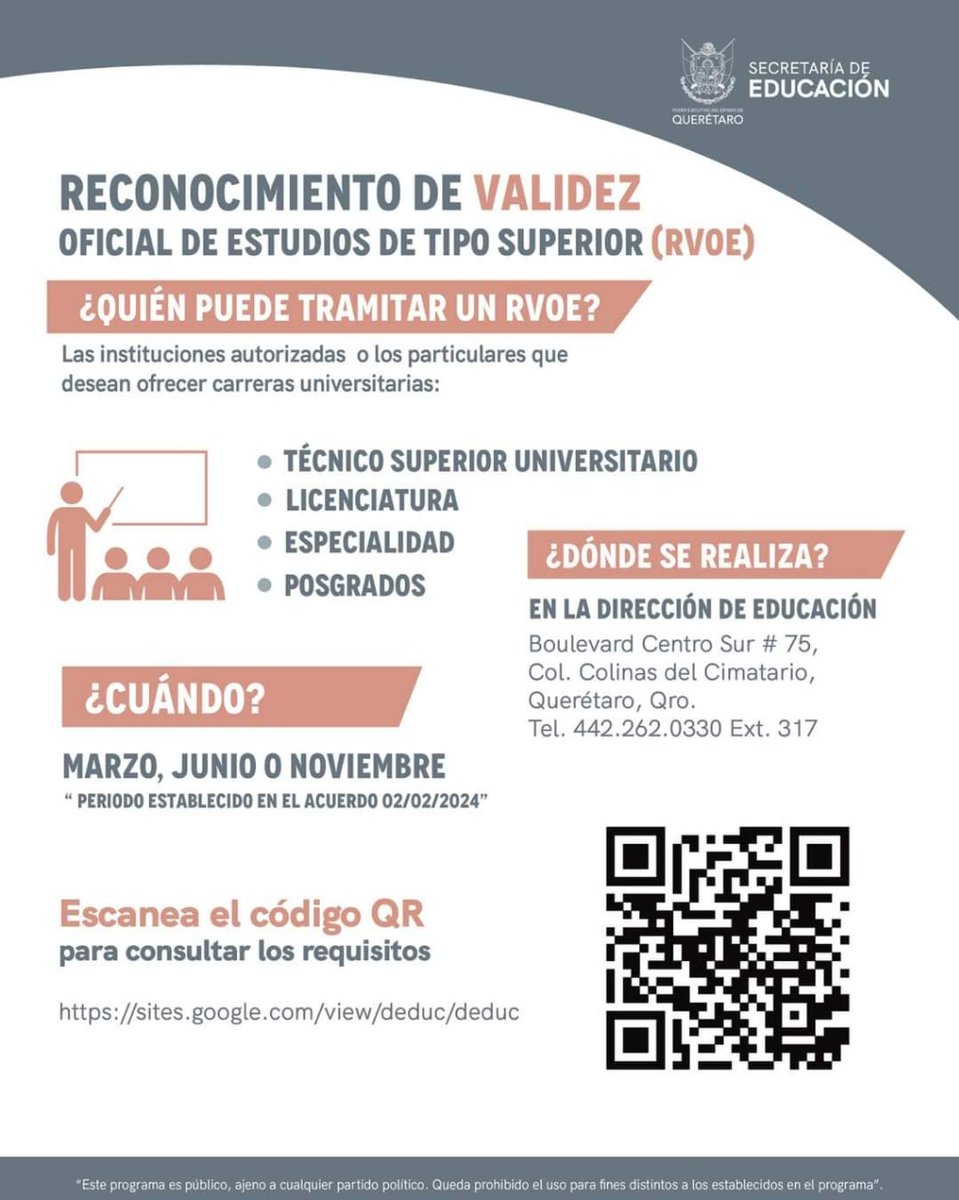 Importante: Instituciones de Educación Superior ya pueden iniciar el trámite para obtener el Reconocimiento de Validez Oficial de Estudios (RVOE) durante los meses de marzo, junio y noviembre.
Acércate a la Dirección de Educación para más información. 

i.mtr.cool/xfcxmozyoq