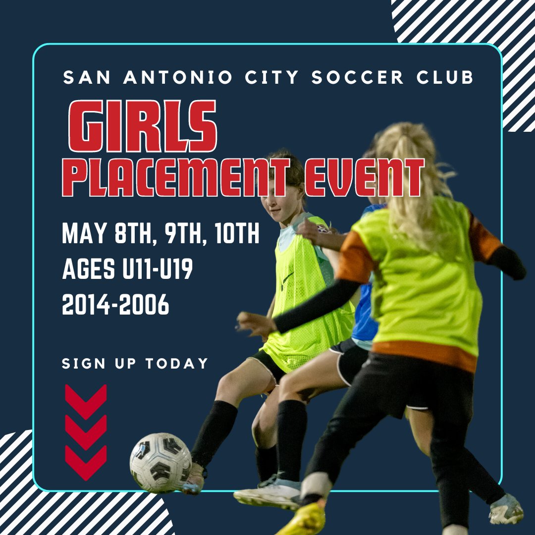 THIS WEEK! Girls Academy & Select Player Placement Event May 8th-10th 🗓️ Girls ages U11-U19 (born between 2014-2006), this is your chance to shine ✨ 🔺 Age Groups: U11-U19 📍 SA City Specht Rd Complex ⌨️ sacitysc.com/PPE 🔵🔴 #Protect210 #BuildingTheCITY #SACityProud