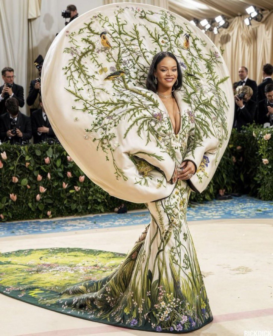 If Rihanna sits in front of you at the #MetGala, then forget about it. Just focus on counting the number of birds and flowers on her dress.