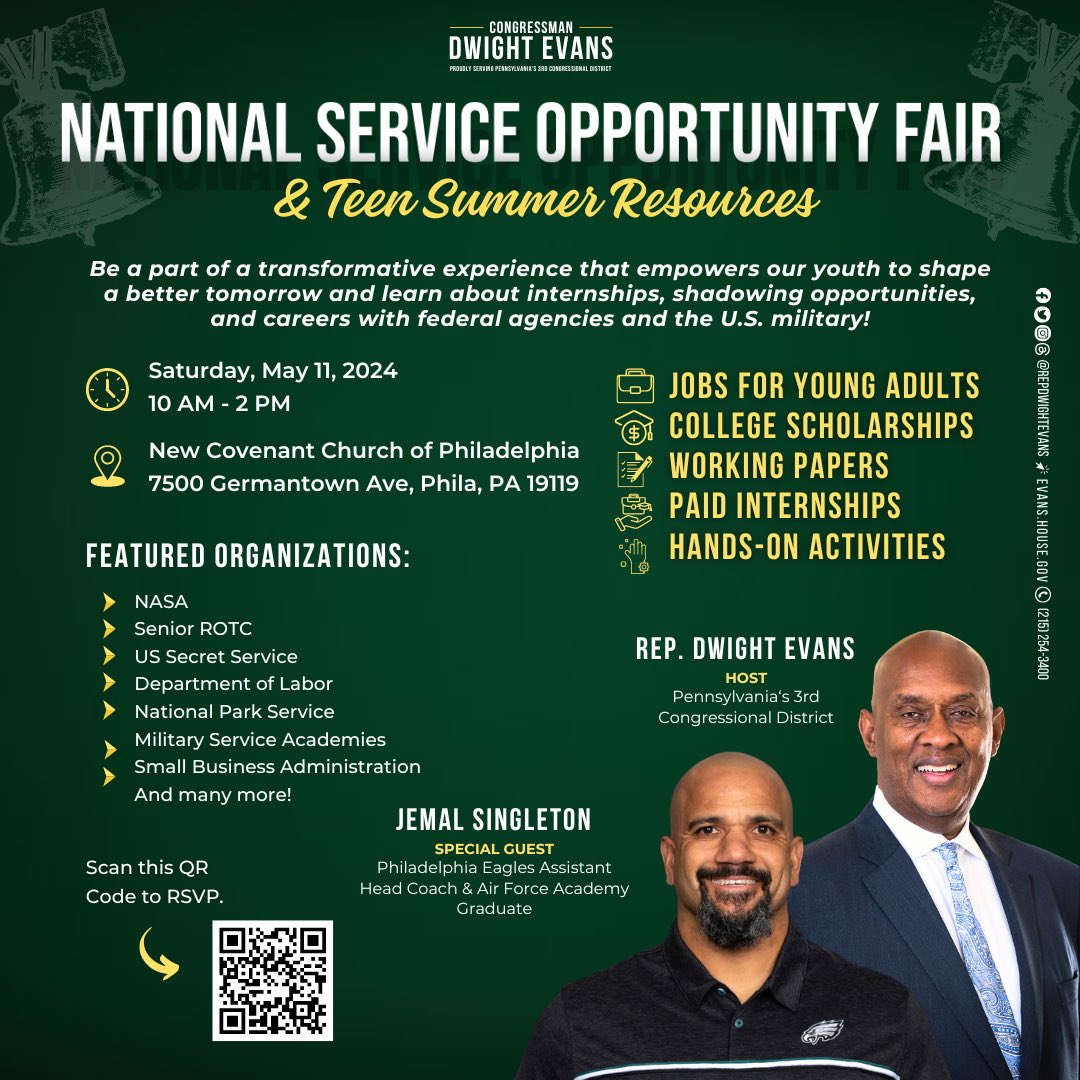 Don't miss my annual National Service Opportunity Fair for youth looking to learn more about jobs & internshipswith federal agencies and the U.S. military! Join us THIS Saturday, 10 am - 2 pm, at New Covenant Church of Philadelphia. To RSVP, visit NSOF2024.eventbrite.com.