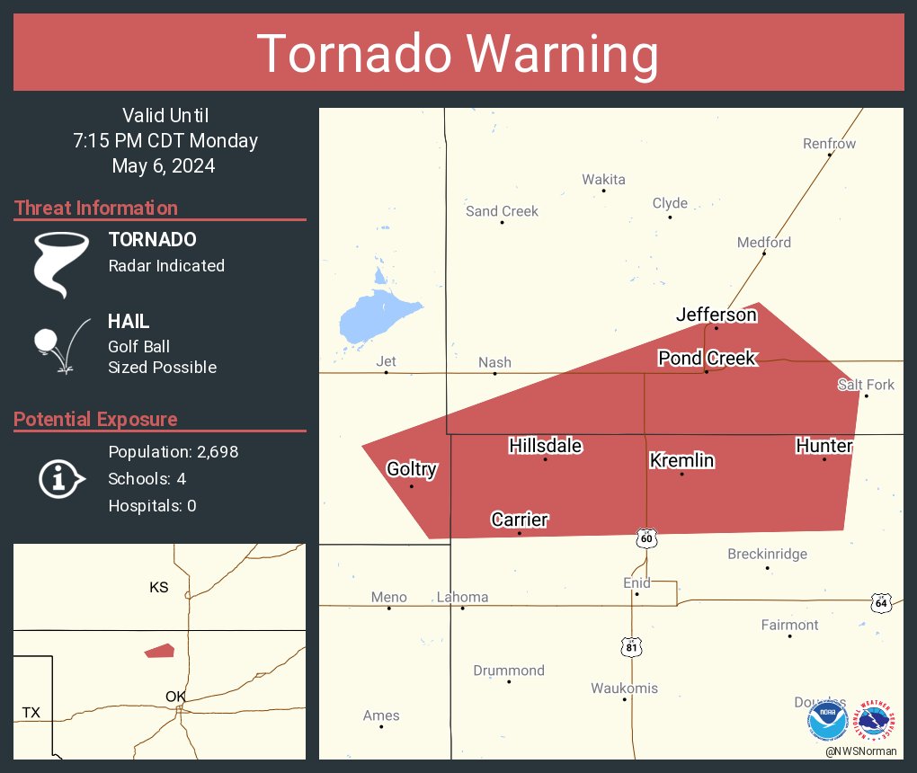 Tornado Warning including Pond Creek OK, Kremlin OK and Goltry OK until 7:15 PM CDT