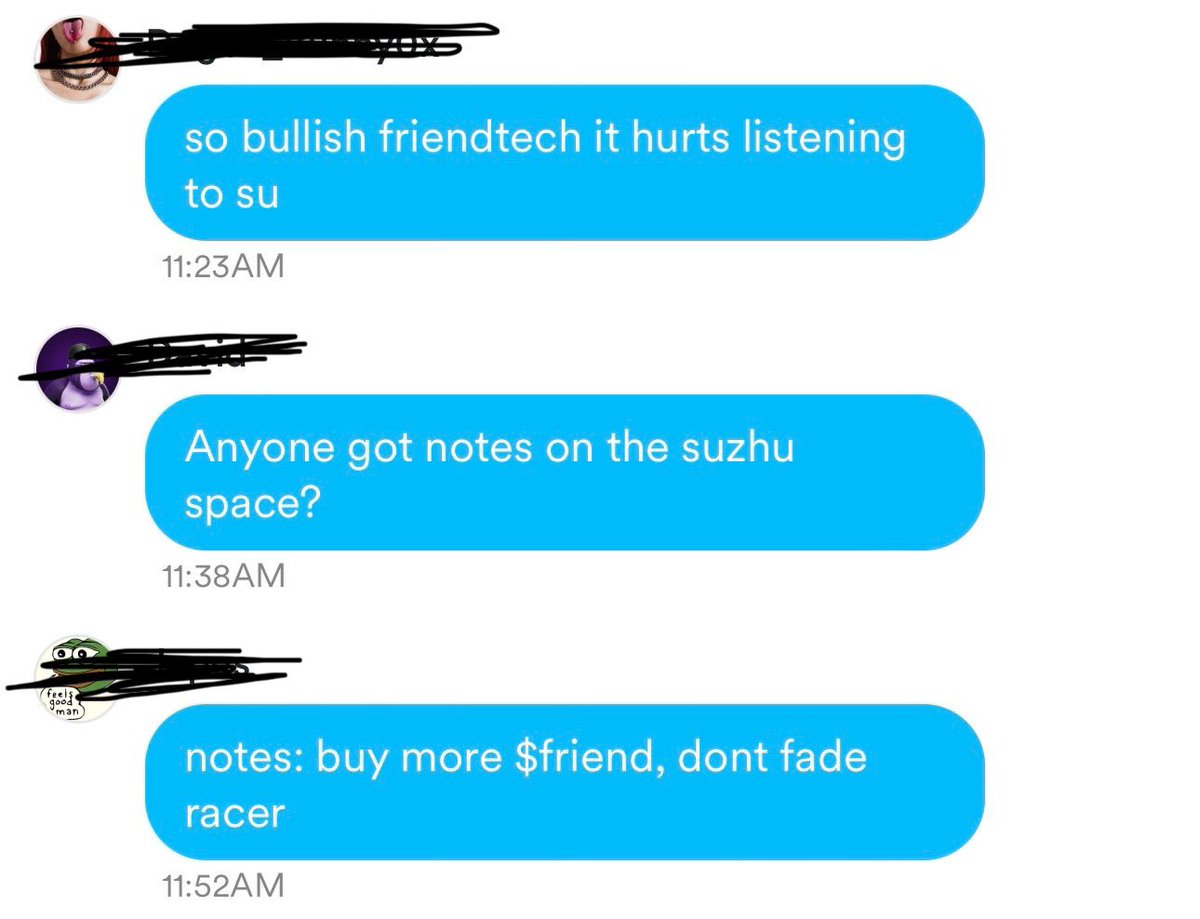 Given that $FRIEND bulls don’t use Friend Tech, I thought I’d test it. As I expected most groups are ghost towns, including Su Zhu’s. However Su Zhu says buy more $FRIEND so there’s that.