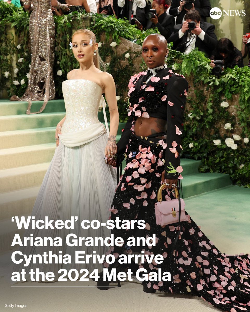 'Wicked' co-stars Ariana Grande and Cynthia Erivo arrive at the 2024 Met Gala to a chorus of screaming fans, honoring this year's theme, 'The Garden of Time.' trib.al/362CLjV