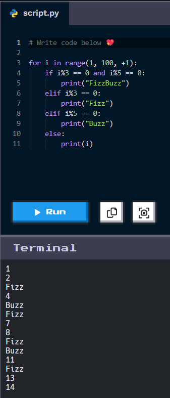 caamcoder's tweet image. Finished the first 21 steps in Legend of Python for #30NitesOfCode (And learned about Fizz Buzz, which was also new to me 😂)