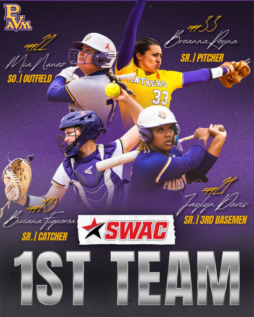 PVAMUSB: Congratulations to our powerhouse players #22 Mia Nunez, #33 Breanna Reyna, #10 Biviana Figueroa, and #21 Jaylyn Davis for their outstanding performances, earning a spot on the All-SWAC first team! 🌟⚾️ #PVSoftball #AllSWAC #FirstTeam