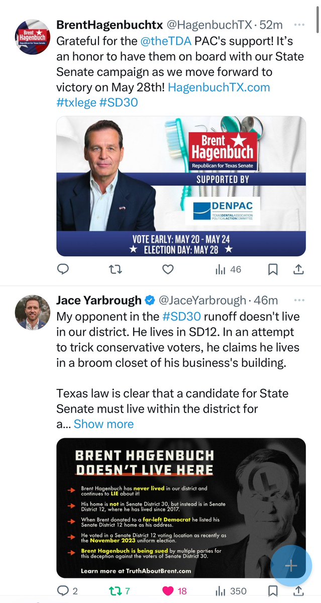Tale of two campaigns…two posts made about the same time. Which candidate is dead in the water, which one has all of the momentum moving into the May 28th runoff? @JaceYarbrough @HagenbuchTX #itsoverbrent #SD30 #txlege